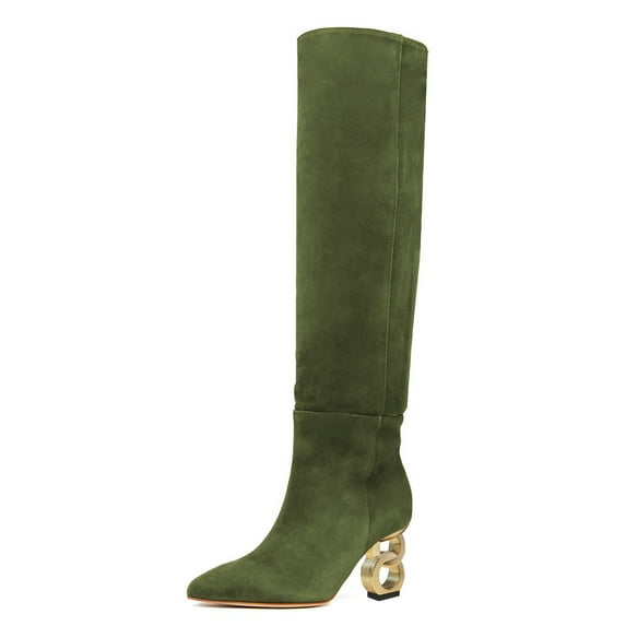 FSJ Women Trendy Pointed Toe Medium Chain Heel Knee High Boots Stretch Side Zipper Evening Work Outfit Shoes Size 16 Green