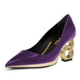 thumbnail image 1 of FSJ Women Unique Gold Chain Chunky High Heel Pumps Pointed Closed Toe Slip On Ladies Simple Office Comfy Party Slide Shoes Size 14 Purple, 1 of 4