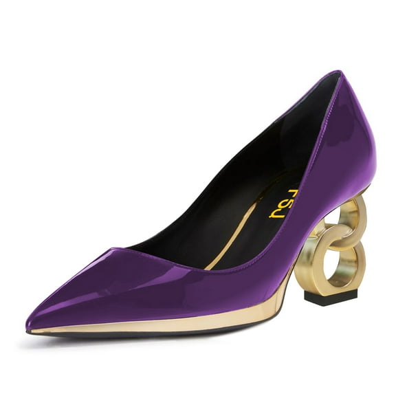 FSJ Women Unique Gold Chain Chunky High Heel Pumps Pointed Closed Toe Slip On Ladies Simple Office Comfy Party Slide Shoes Size 8.5 Purple