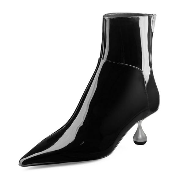 FSJ Women Unique Teardrop Mid Heel Short Boots Closed Pointy Toe Booties Ankle High Shaft Zipper Shoes Chic Dress Solid Color Business Size 8 Black