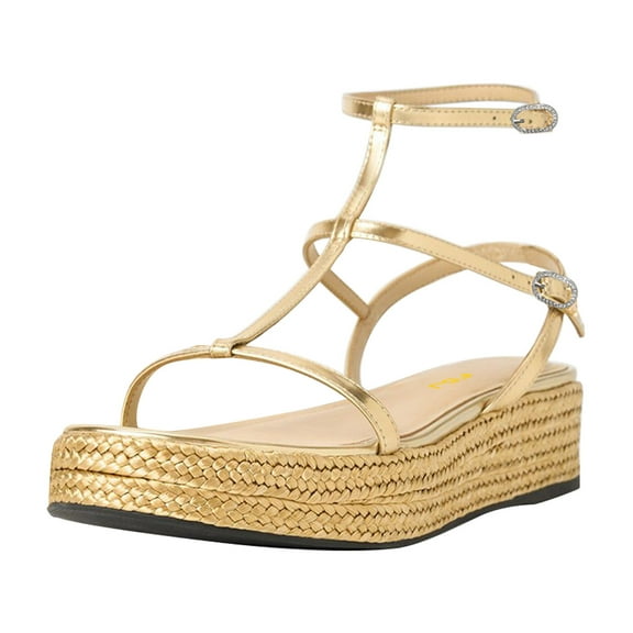 FSJ Women Vacation Espadrille Platform Low Heel Gladiator Round Open Toe Sandals Ankle Strappy with Buckle Comfortable Shoes Size 12 Gold