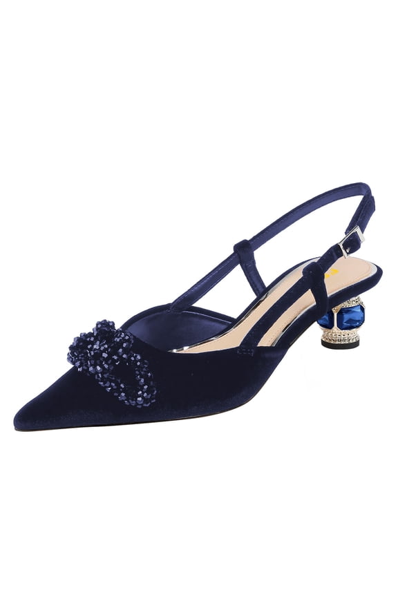 Women Velvet Slip On Close Pointed Toe Slingback Pumps Crystal Block Low Heel Adjustable Buckle Ankle Strap Daily Office Wear Shoes Size 7 Blue