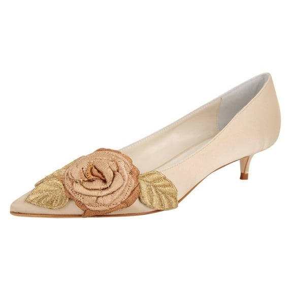FSJ Women Vintage Embroidery Kitten Low Heel Pumps Cute Closed Pointed Toe Flower Satin Slip-on Shoes for Wedding Daily Size 11 Champagne
