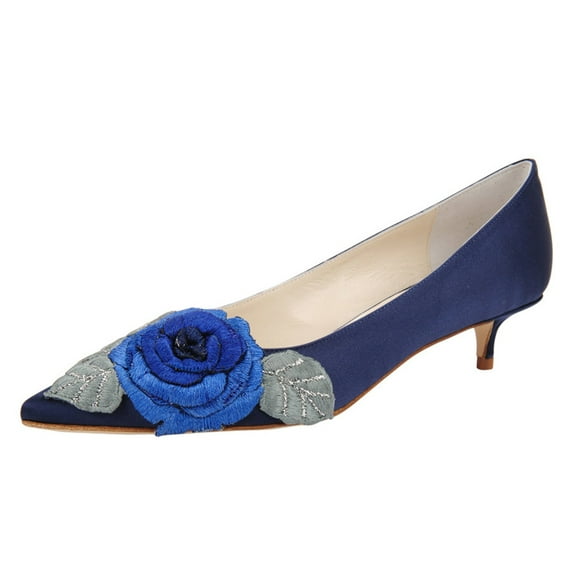 FSJ Women Vintage Embroidery Kitten Low Heel Pumps Cute Closed Pointed Toe Flower Satin Slip-on Shoes for Wedding Daily Size 15 Blue