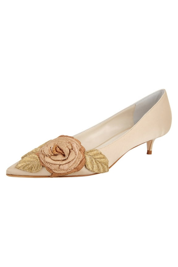 Women Vintage Embroidery Kitten Low Heel Pumps Cute Closed Pointed Toe Flower Satin Slip-on Shoes for Wedding Daily Size 16 Champagne
