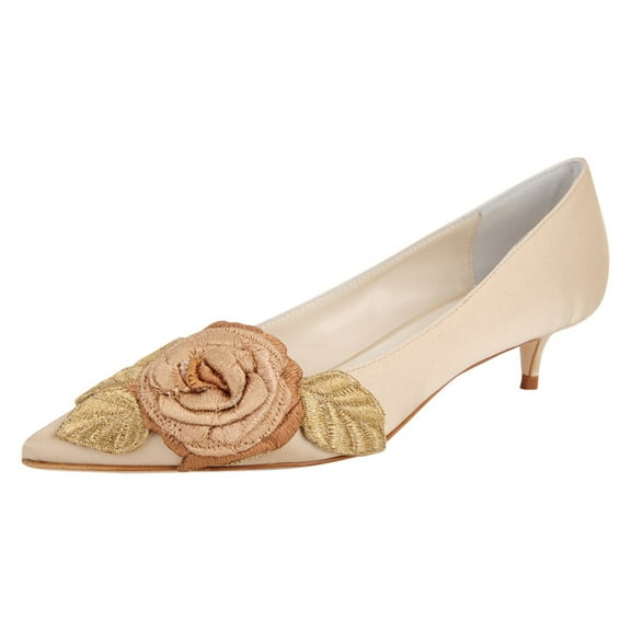 FSJ Women Vintage Embroidery Kitten Low Heel Pumps Cute Closed Pointed Toe Flower Satin Slip-on Shoes for Wedding Daily Size 16 Champagne