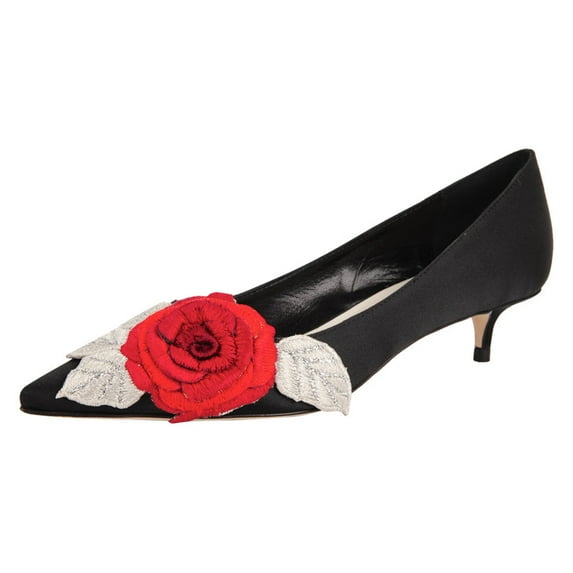 FSJ Women Vintage Embroidery Kitten Low Heel Pumps Cute Closed Pointed Toe Flower Satin Slip-on Shoes for Wedding Daily Size 9 Black