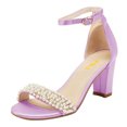 thumbnail image 1 of FSJ Women Wedding Pearl Round Open Toe Sandals Strap Chunky High Heel Ankle Buckle Comfortable Pump Bridal Party Prom Dress Shoes Size 15 Purple, 1 of 5