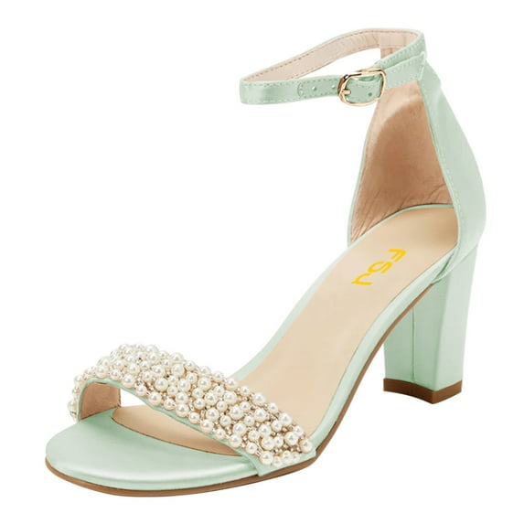 FSJ Women Wedding Pearl Round Open Toe Sandals Strap Chunky High Heel Ankle Buckle Comfortable Pump Bridal Party Prom Dress Shoes Size 5 Green