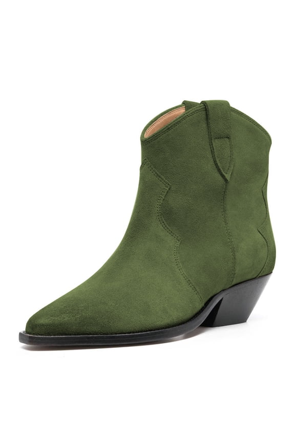 Women Western Cowboy Cowgirl Stacked Low Heel Short Boots Faux Suede Pointed Close Toe Pull On Retro Ankle Booties Formal Outfit Shoes Size 7.5 Green