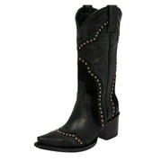 FSJ Women Western Cowboy Studded Pull On Mid-Calf Boots Square Closed Toe Block Wooden Low Heel Cowgirl Retro Stylish Boots Shoes Size 14 Black