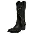 thumbnail image 1 of FSJ Women Western Cowboy Studded Pull On Mid-Calf Boots Square Closed Toe Block Wooden Low Heel Cowgirl Retro Stylish Boots Shoes Size 4 Black, 1 of 4