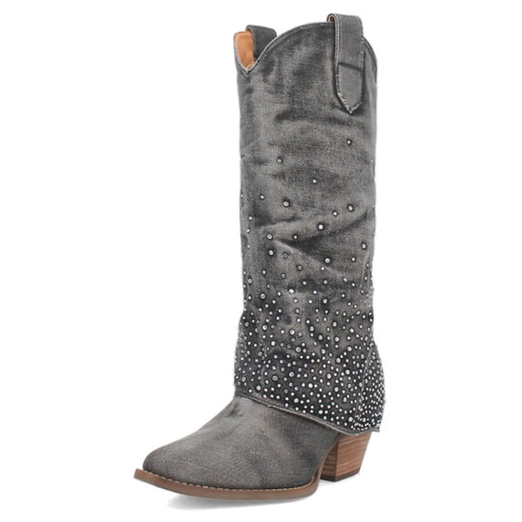 FSJ Women Western Fold Over Cowboy Knee High Boots Sparkly Rhinestone Round Closed Toe Chunky Mid Heel Boots Cowgirl Casual Shoes Size 6 Gray