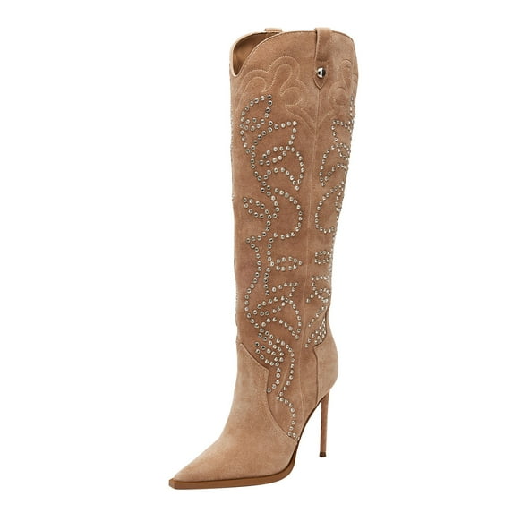 FSJ Women Western Pointed Closed Toe Knee High Boots Stiletto High Heel Wide Calf Pull On Long Boots Embroidery Retro Date Shoes Size 6.5 Brown