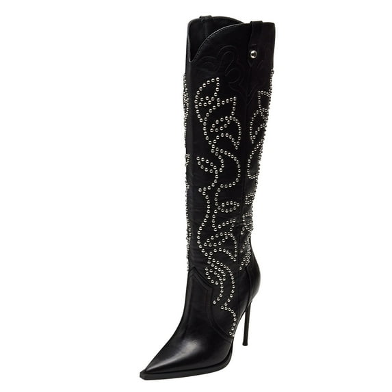 FSJ Women Western Pointed Closed Toe Knee High Boots Stiletto High Heel Wide Calf Pull On Long Boots Embroidery Retro Date Shoes Size 8 Black