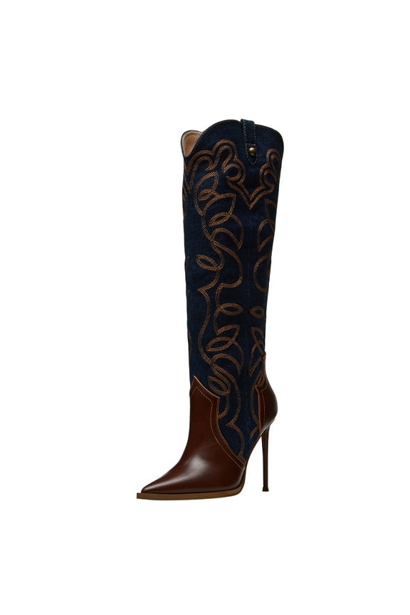 Women Western Pointed Closed Toe Knee High Boots Stiletto High Heel Wide Calf Pull On Long Boots Embroidery Retro Date Shoes Size 9 Navy