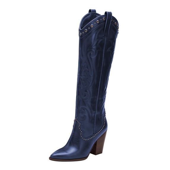 FSJ Women Western Pull On Knee High Boots Pointed Toe Chunky Block High Heel Cowboy Booties Beaded Embroidery Fashion Party Shoes Size 15 Blue
