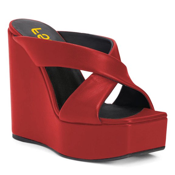 FSJ Women Wide Cross Strap Wedge High Heeled Mules Open Square Toe Platform Slide Sandals Sexy Cocktail Party Summer Slippers Size 10 Red