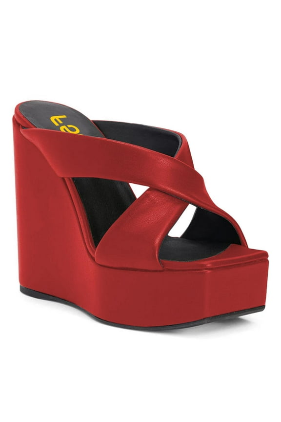 Women Wide Cross Strap Wedge High Heeled Mules Open Square Toe Platform Slide Sandals Sexy Cocktail Party Summer Slippers Size 10 Red