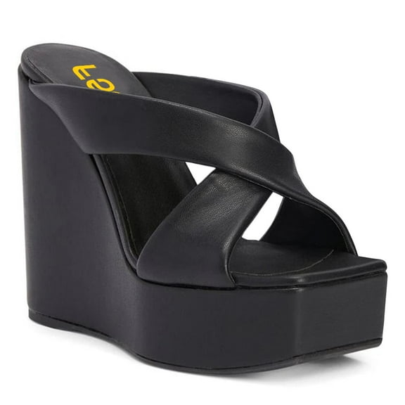 FSJ Women Wide Cross Strap Wedge High Heeled Mules Open Square Toe Platform Slide Sandals Sexy Cocktail Party Summer Slippers Size 13 Black