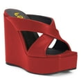 thumbnail image 1 of FSJ Women Wide Cross Strap Wedge High Heeled Mules Open Square Toe Platform Slide Sandals Sexy Cocktail Party Summer Slippers Size 6.5 Red, 1 of 5