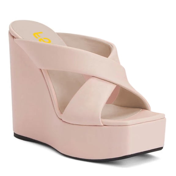FSJ Women Wide Cross Strap Wedge High Heeled Mules Open Square Toe Platform Slide Sandals Sexy Cocktail Party Summer Slippers Size 9 Baby Pink