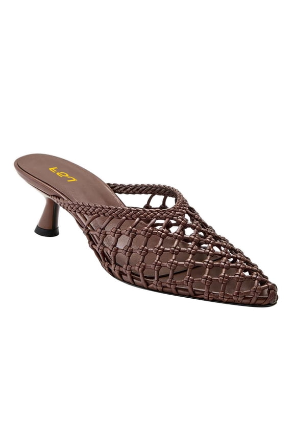 Women Woven Net Pointed Toe Kitten Heel Mules Breathable Openwork Backless Heeled Sandals Size 7.5 Brown