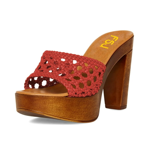 FSJ Women Woven Round Open Toe Sandal Platform Chunky High Heel Slip On Mule Comfortable Holiday Summer Slippers Slide Shoes Size 10 Red