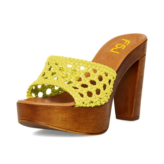 FSJ Women Woven Round Open Toe Sandal Platform Chunky High Heel Slip On Mule Comfortable Holiday Summer Slippers Slide Shoes Size 8 Yellow