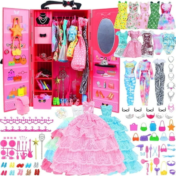FSJZC 106 Pcs Doll Closet Wardrobe Set Closet Playest Toys Doll Clothes and Accessories for 11.5 Inch Girl Doll Including Wardrobe, Dress,Shoes Hangers,Necklace