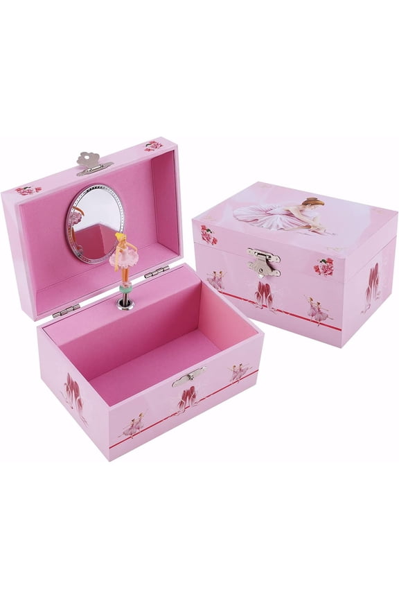 FSJZC Spinning Ballerina Jewelry Box, Fairy Design Music Box for Girls, Wood, Pink, 1