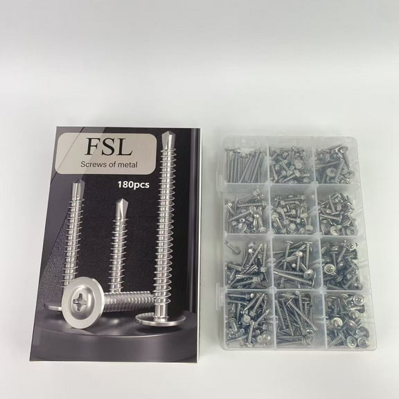 FSL Screws of metal,180pcs #8 Sheet Metal Screws Assortment Kit, 410 Stainless Steel Self Tapping Screws for Metal, Self Drilling Screws, 6 Sizes (1/2", 5/8", 3/4", 1", 1-1/4", 1-1/2") Modified Truss