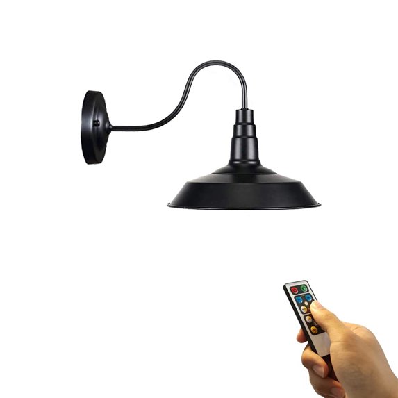 FSLiving 1-Lamp Battery Wall Lamp 55 Lumens Dimmable LED Remote Control No Wire Black Metal Wall Light Fixture Industrial Retro Goose Neck Design for Corner Loft Bedroom -Easy to Install