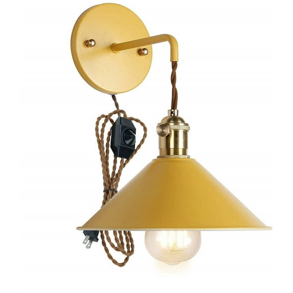 FSLiving 1-Light Dimmable Wall Sconce Lighting Fixture Within-line Cord Dimmer Switch,Macaron Wall lamp E26 Edison Copper lamp Holder with Matte Paint Body Bedside lamp Bathroom Vanity Lights-Yellow