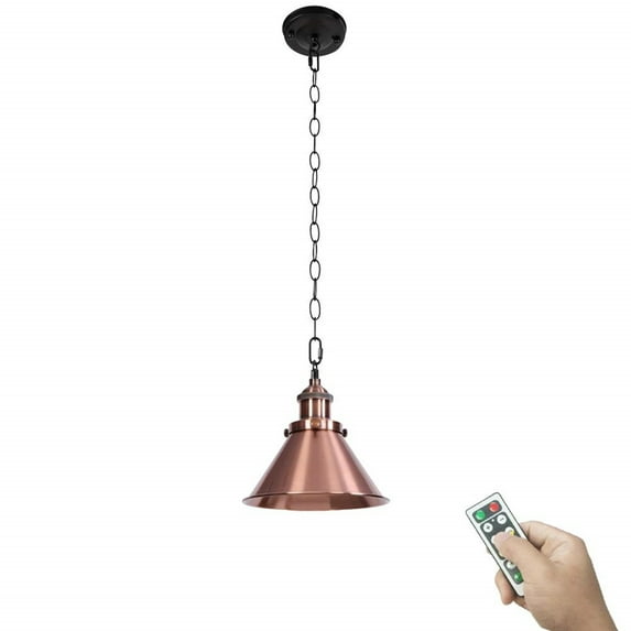 FSLiving 100 Lumens Multi-Function Led No Cord Remote Control Battery Run Indoor Outdoor Iron Chain Red Bronze Pendant Light for Aisle Bedroom-Easy Installation, Dimmable,Battery Not Included-1 Pack