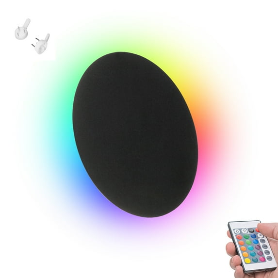FSLiving 11.8" Circular LED Wall Lamp Battery Operated Remote Control Wall Sconces Restaurant Background Light Black Iron Shade Lighting Fixtures Dimmable RGB Color for Home Decor - 1 Pack