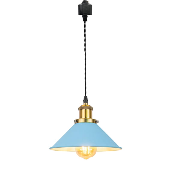 FSLiving 12V Track Lighting H-Type Track Pendant Light with Antique Brass Socket Vintage Metal Cone Blue Shade Nordic Style Industrial Factory Pendant Lamp for Kitchen Island - 1 Light
