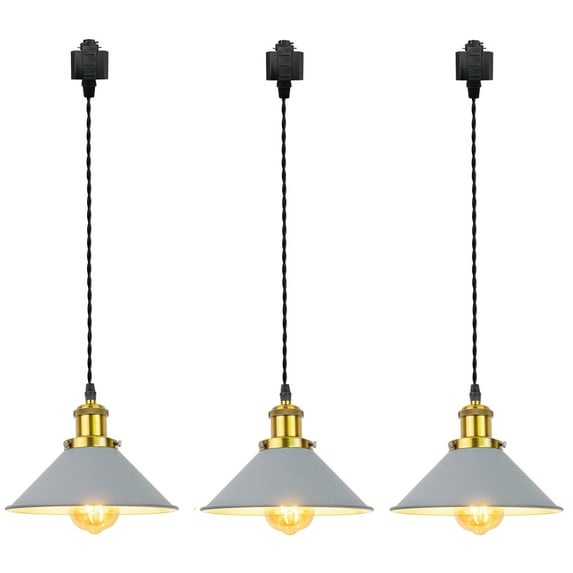 FSLiving 12V Track Lighting H-Type Track Pendant Light with Antique Brass Socket Vintage Metal Cone Grey Shade Nordic Style Industrial Factory Pendant Lamp for Kitchen Island - Set of 3