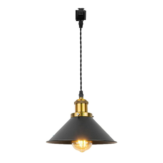 FSLiving 12V Track Lighting J-Type Track Pendant Light with Antique Brass Socket Vintage Metal Cone Black Shade Nordic Style Industrial Factory Pendant Lamp for Kitchen Island - 1 Light