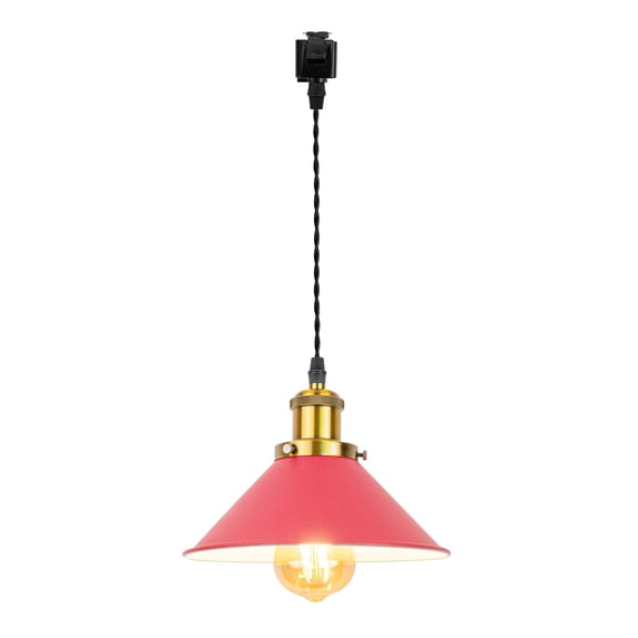FSLiving 12V Track Lighting J-Type Track Pendant Light with Antique Brass Socket Vintage Metal Cone Red Shade Nordic Style Industrial Factory Pendant Lamp for Kitchen Island - 1 Light