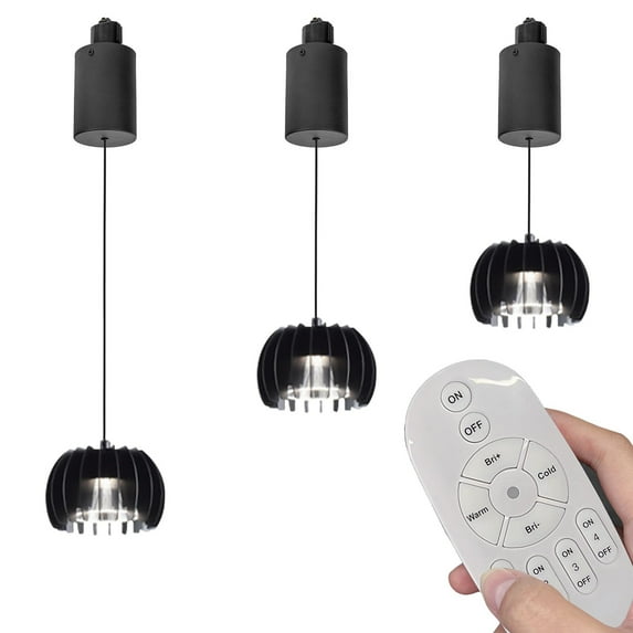 FSLiving 12W COB LED Track Spotlight H-Type Retractable Lift Droplight with Aluminum Pumpkin Shade Remote Control Pendant Light Stepless Dimming Color Changing for Kitchen Sink,Black Pearl - 3 Lights