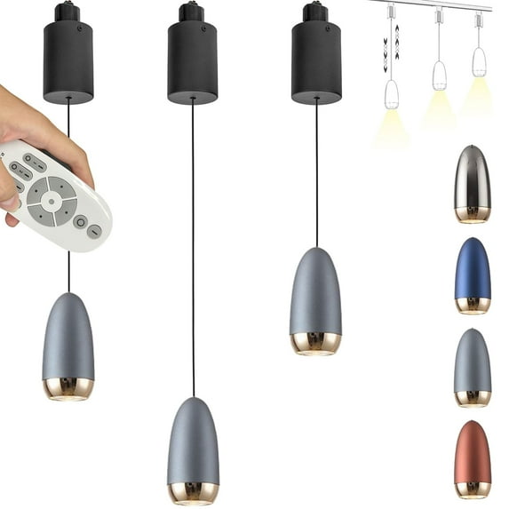 FSLiving 12W COB LED Track Spotlight H-Type Retractable Lift Droplight with Aluminum Shade Remote Control Pendant Light Stepless Dimming Color Changing for Kitchen Island Sink,Grey - 3 Lights