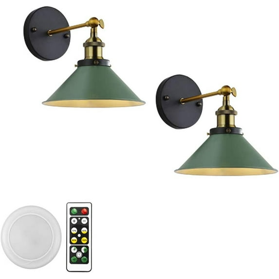 FSLiving 2-Lights 100 Lumens Led Remote Control Battery Run Cordless Lamp Dark Green Wall Sconce Light Fixture for Bedroom Bathroom Wall Decor- Easy Installation, Dimmable,Battery Not Included