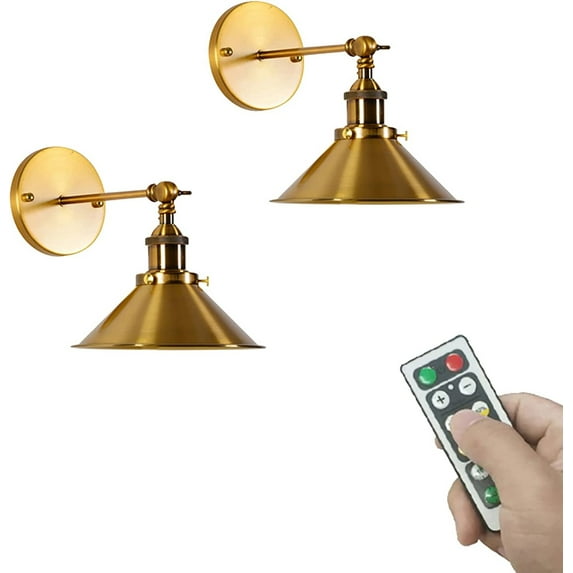 FSLiving 2-Pack 55 Lumens Led Remote Control Battery Run Cordless Lamp Not Hardwired Retro Style Gold Wall Sconce for Aisle Bedroom Wall Decor-Easy Installation, Dimmer Control,Battery Not Included