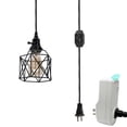 thumbnail image 1 of FSLiving 2Way Knob Turn on Off Settings Handle Pendant Lighting Swag with 15ft Plug-in Dimmer Switch Cord Motion Sensor Light Industrial Bulb Guard Iron Cage Square for Room Sloped Vaulted Ceiling, 1 of 9