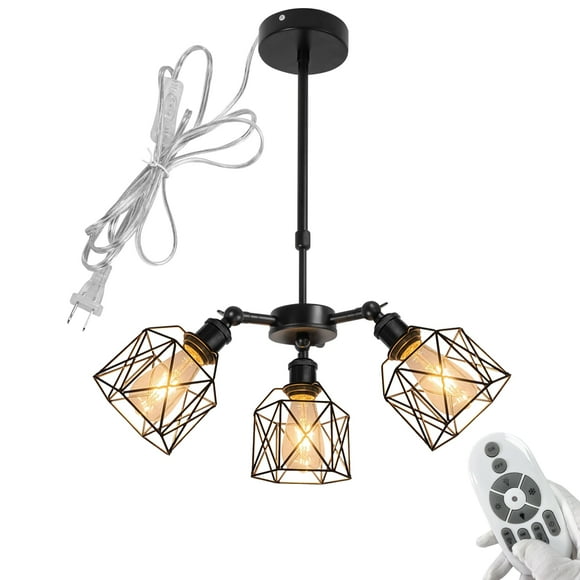 FSLiving 3-Heads Farmhouse Candle Lamp Adjustable Height Telescoping Rod 15ft Plug-in Cord, Remote Control Edison Bulbs Square Cage Island Light for Sloping Roof Dining Staircase NO Wiring Needed
