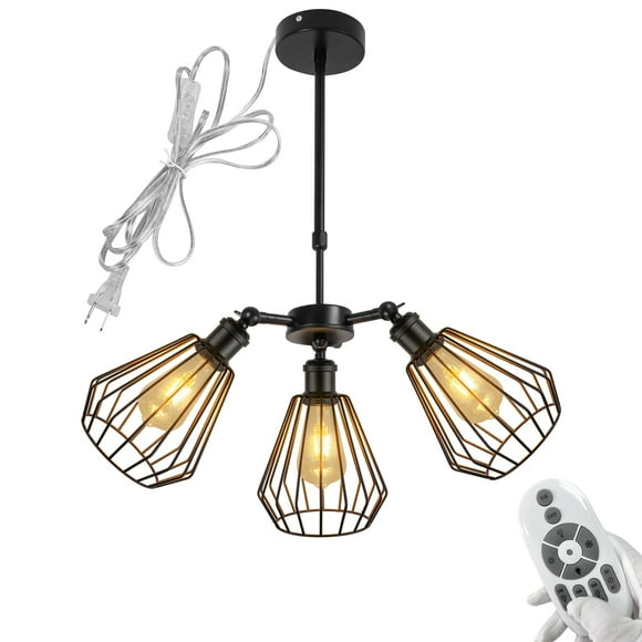 FSLiving 3-Heads Farmhouse Candle Lamp Adjustable Height Telescoping Rod 15ft Plug-in Cord by Remote, Smart Edison Bulbs Diamond Cage Island Light for Sloping Roof Dining Staircase NO Wiring Needed