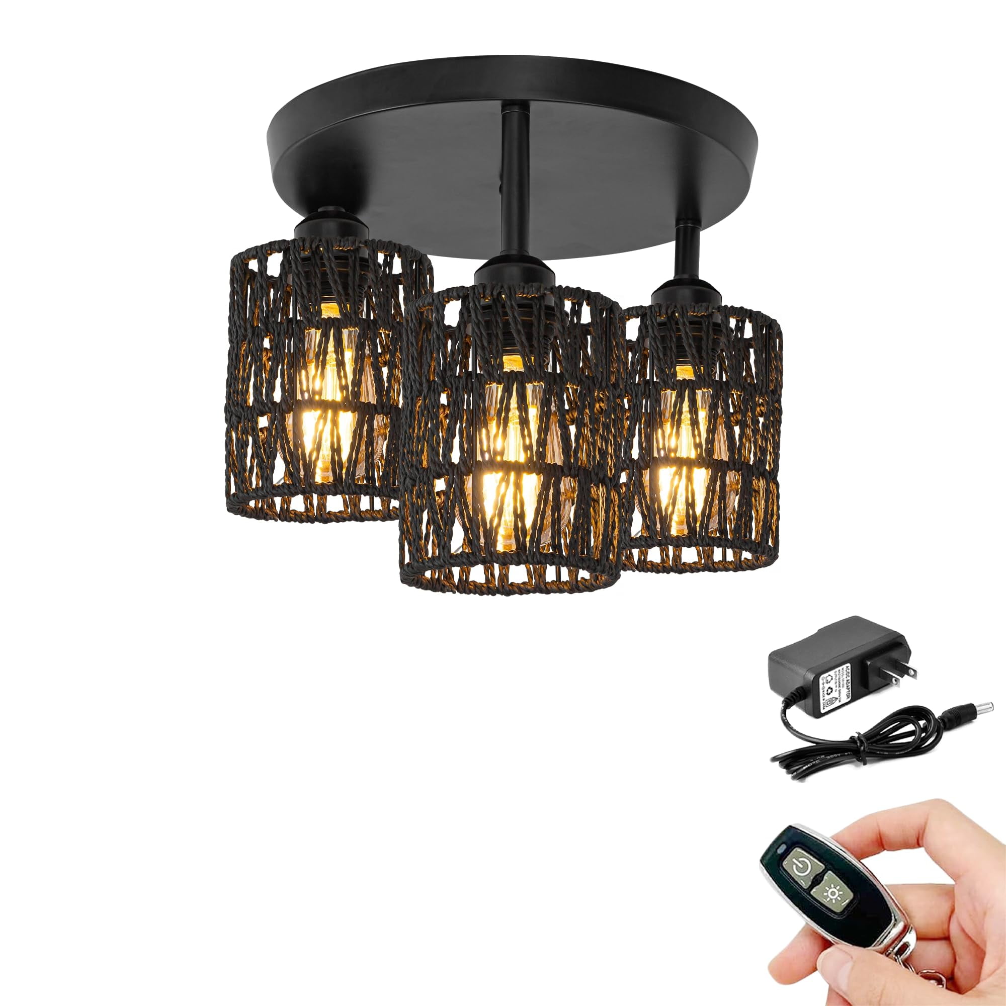 FSLiving 3-Lights Adjustable Slope Rattan Light, Rechargeable Battery Operated RV Camper Black Ceiling Light by Remote, Smart Edison Bulbs Iron Canopy for Sloping Roof Dining Foyer NO Wiring Needed