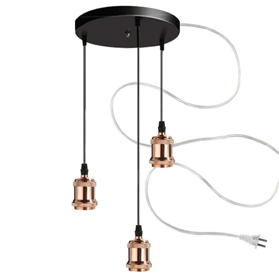 FSLiving 3 Lights Ceiling-Mounted Swag Pendant Light with 15ft Plug in UL Cord Island Chandelier Hanging Ceiling Light Accent Lighting Positioned to Accent the Artwork Mantel - Rose Gold