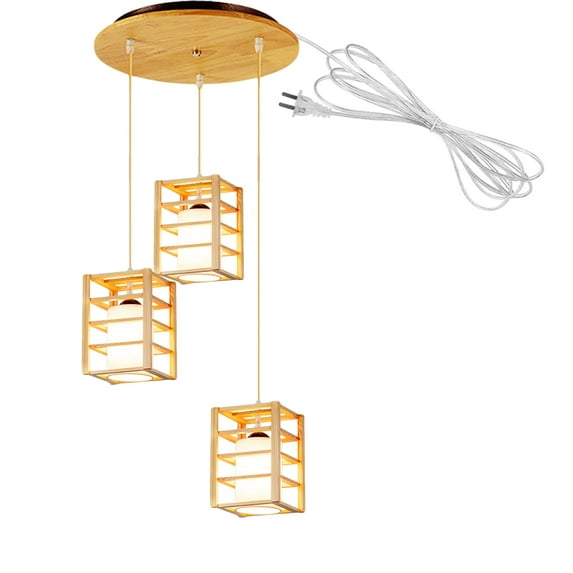 FSLiving 3 Lights Fabrics Square Shape Swag Pendant Light with 15ft Plug in UL Cord Island Chandelier Fixtures Hanging Ceiling Light for Kitchen Island Staircase NO Wiring Needed,Customizable - 1 Set